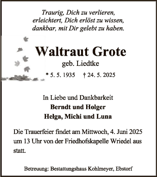 Todesanzeige von Waltraut Grote von AZ