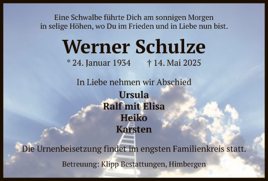 Todesanzeige von Werner Schulze von AZ