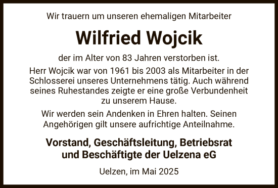 Todesanzeige von Wilfried Wojcik von UEL