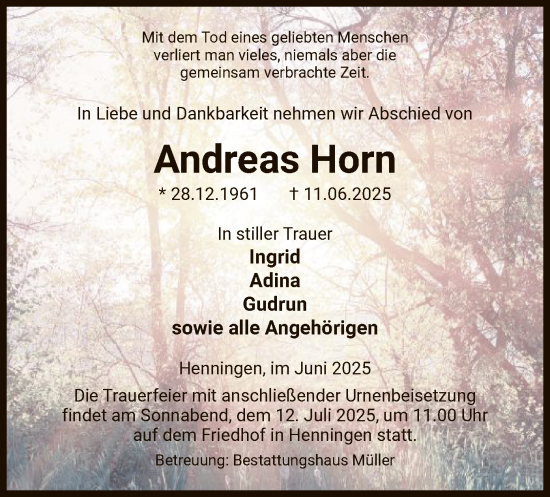Todesanzeige von Andreas Horn von AMZ
