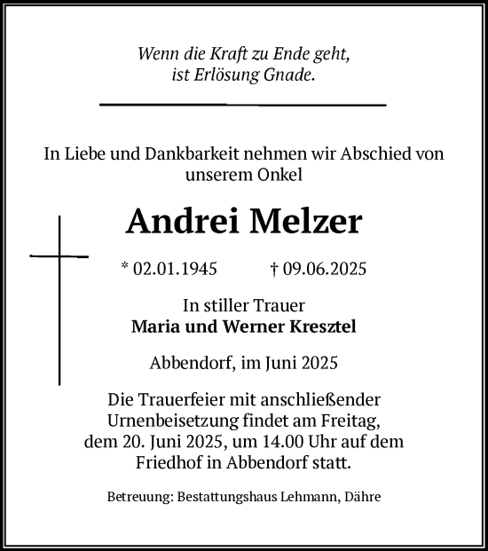 Todesanzeige von Andrei Melzer von AMZ