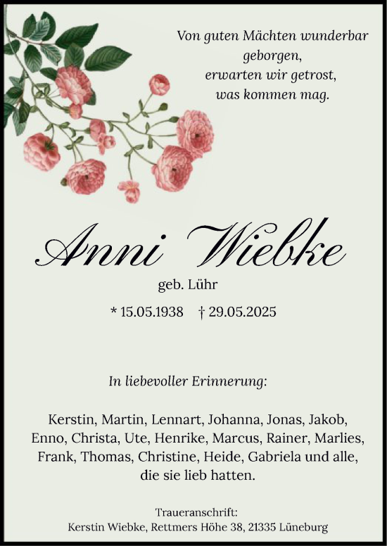 Todesanzeige von Anni Wiebke von AZ
