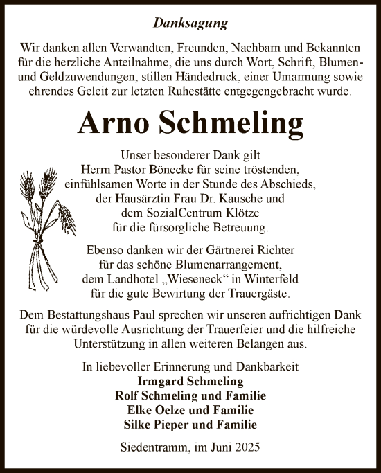 Todesanzeige von Arno Schmeling von AMZ