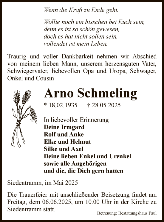 Todesanzeige von Arno Schmeling von AMZ