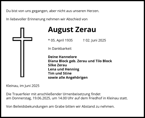 Todesanzeige von August Zerau von AMZ