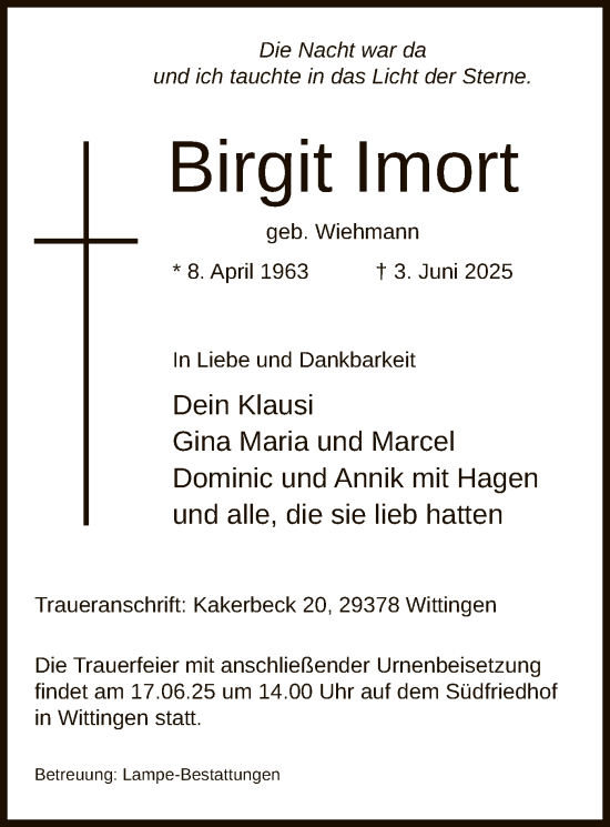 Todesanzeige von Birgit Imort von IK