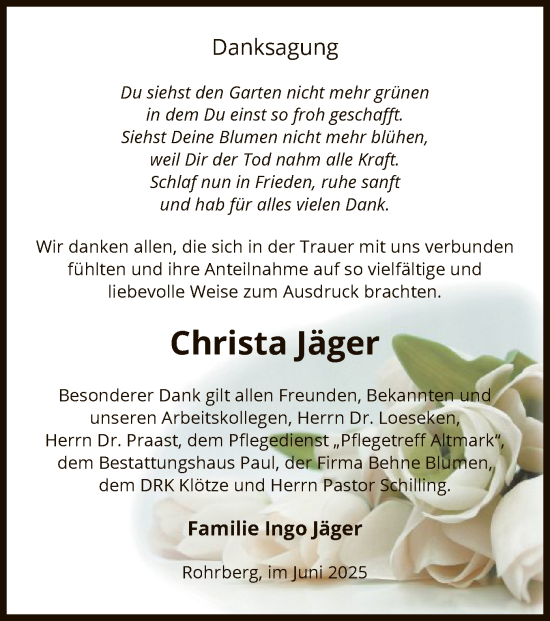 Todesanzeige von Christa Jäger von AMZ