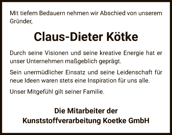Todesanzeige von Claus-Dieter Kötke von AZ