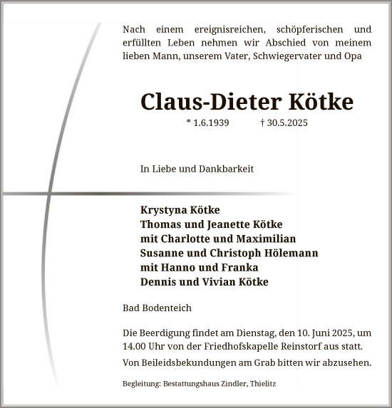 Todesanzeige von Claus-Dieter Kötke von AZ