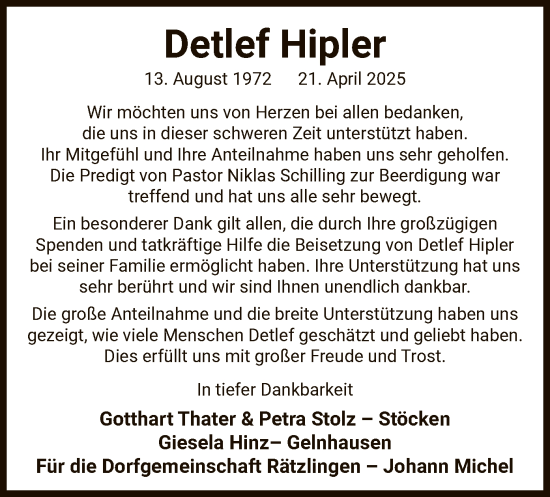 Todesanzeige von Detlef Hipler von AZ