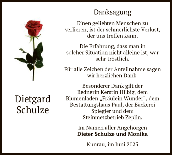 Todesanzeige von Dietgard Schulze von AMZ