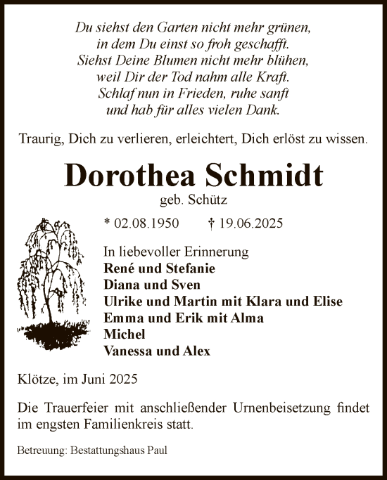 Todesanzeige von Dorothea Schmidt von AMZ