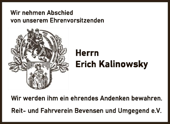 Todesanzeige von Erich Kalinowsky von AZ