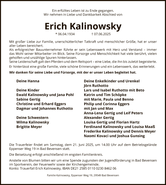 Todesanzeige von Erich Kalinowsky von AZ