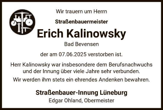 Todesanzeige von Erich Kalinowsky von AZ