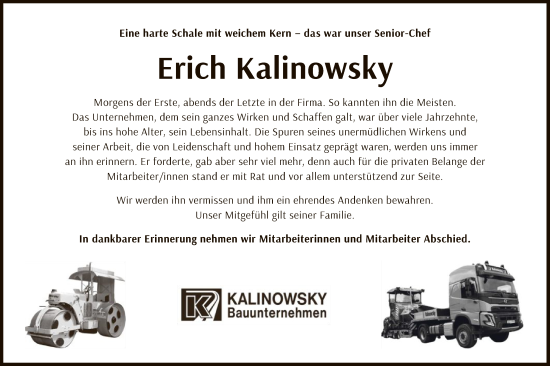 Todesanzeige von Erich Kalinowsky von AZ