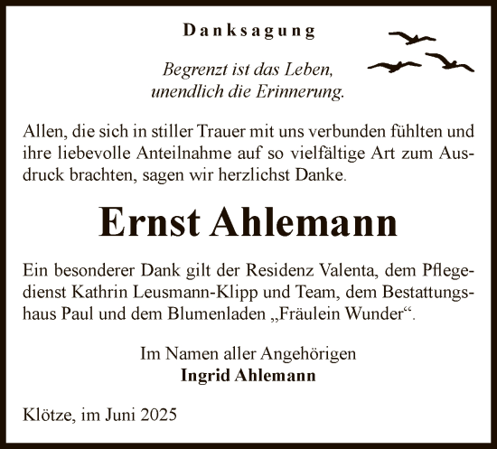 Todesanzeige von Ernst Ahlemann von AMZ