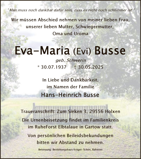 Todesanzeige von Eva-Maria Busse von AZ