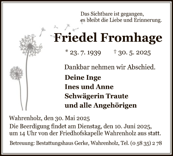 Todesanzeige von Friedel Fromhage von IK