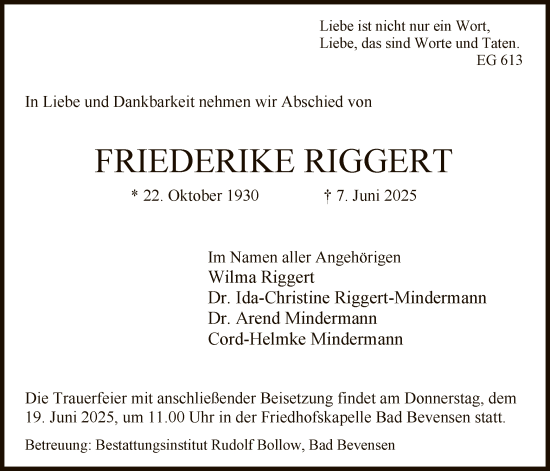 Todesanzeige von Friederike Riggert von AZ