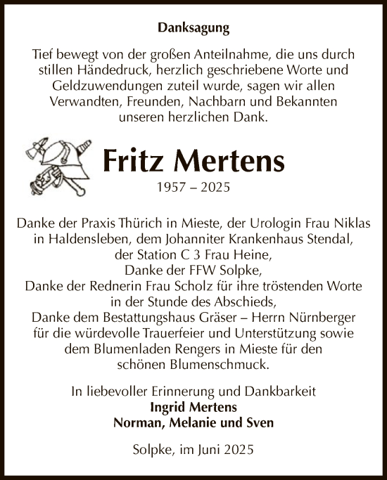 Todesanzeige von Fritz Mertens von AMZ