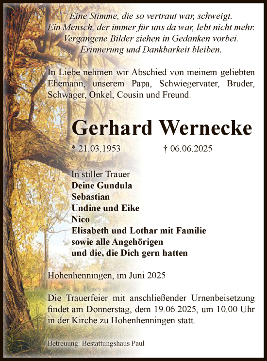 Todesanzeige von Gerhard Wernecke von AMZ