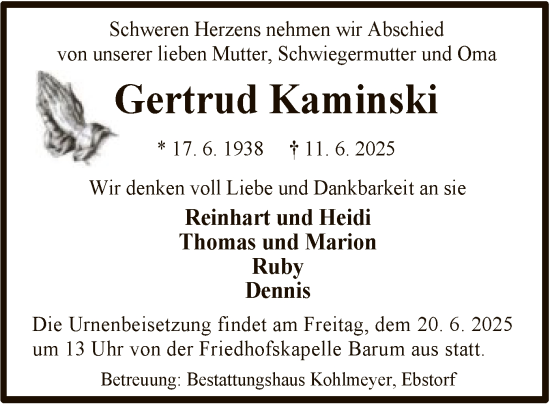 Todesanzeige von Gertrud Kaminski von AZ