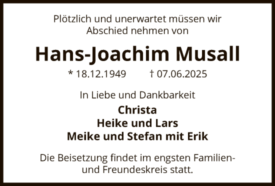 Todesanzeige von Hans-Joachim Musall von AZ