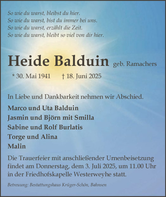 Todesanzeige von Heide Balduin von AZ