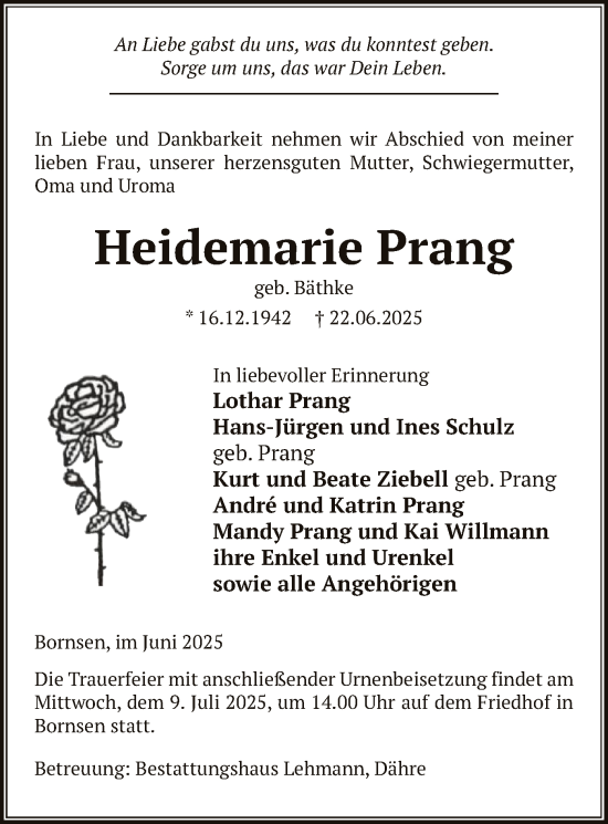 Todesanzeige von Heidemarie Prang von AMZ