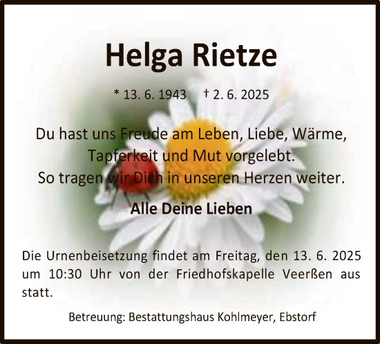 Todesanzeige von Helga Rietze von AZ