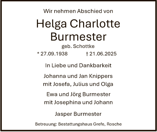 Todesanzeige von Helga Charlotte Burmester von AZ