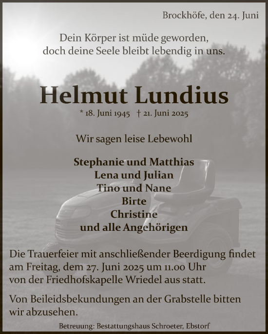 Todesanzeige von Helmut Lundius von AZ