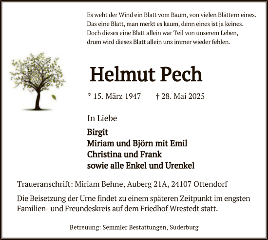 Todesanzeige von Helmut Pech von AZ