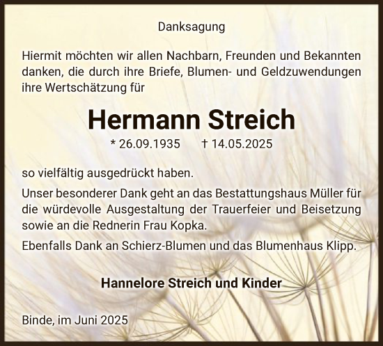 Todesanzeige von Hermann Streich von AMZ