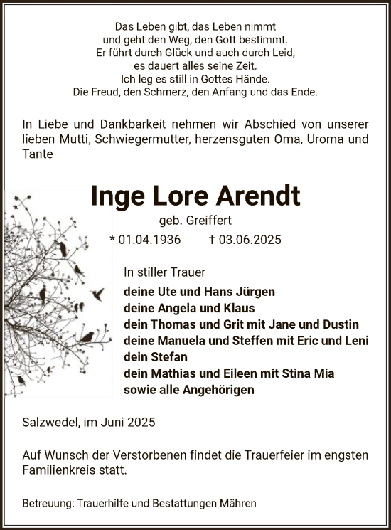 Todesanzeige von Inge Lore Arendt von AMZ
