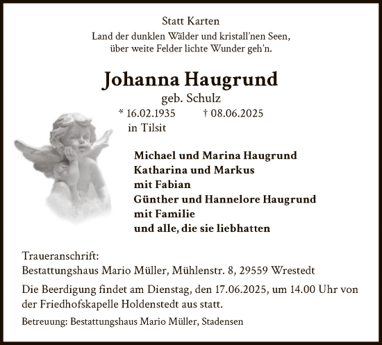 Todesanzeige von Johanna Haugrund von AZ