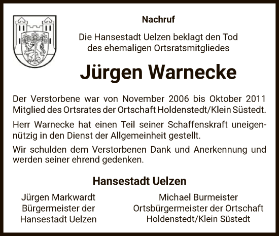 Todesanzeige von Jürgen Warnecke von AZ