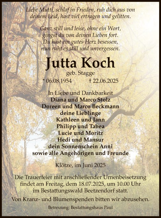 Todesanzeige von Jutta Koch von AMZ