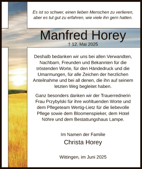 Todesanzeige von Manfred Horey von IK