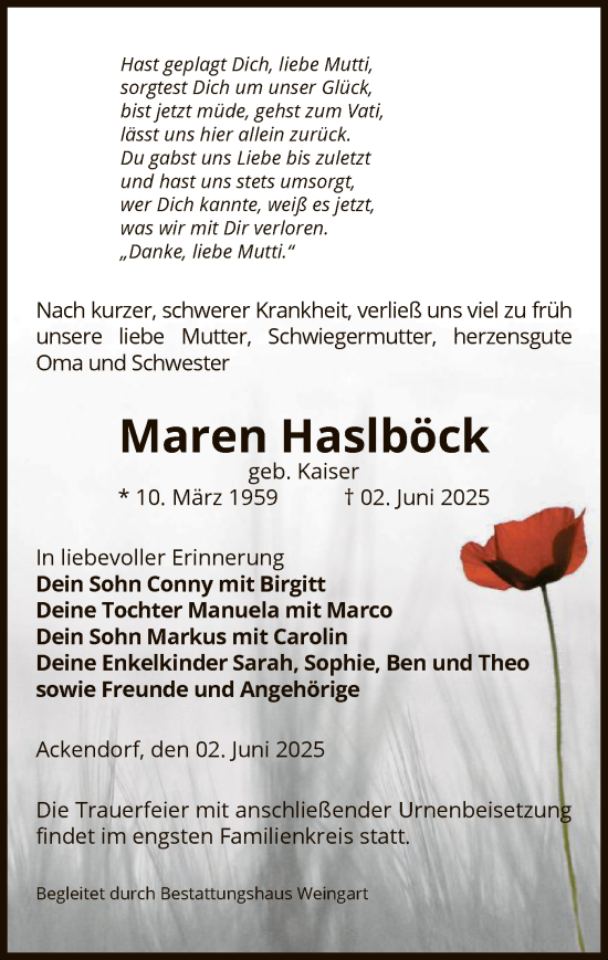 Todesanzeige von Maren Haslböck von AMZ