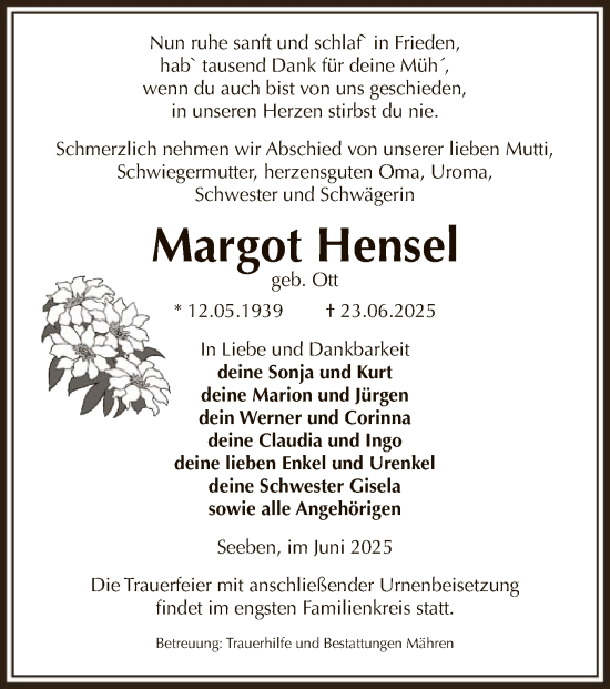 Todesanzeige von Margot Hensel von AMZ