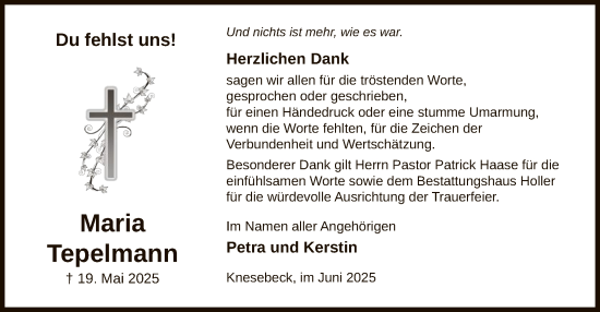 Todesanzeige von Maria Tepelmann von IK