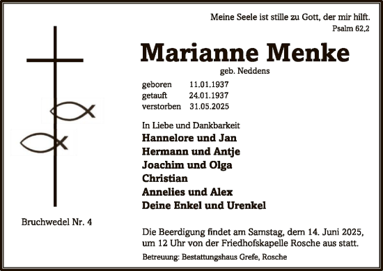 Todesanzeige von Marianne Menke von AZ