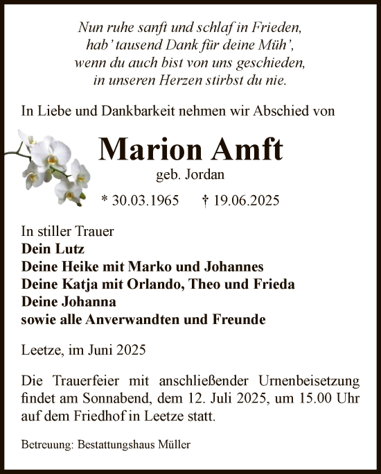 Todesanzeige von Marion Amft von AMZ