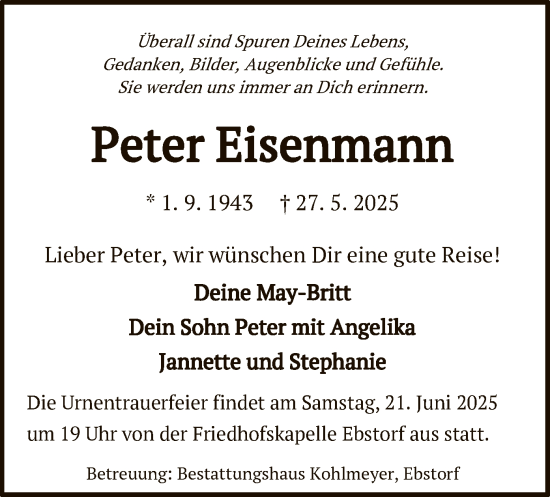 Todesanzeige von Peter Eisenmann von AZ