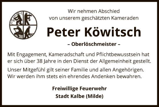 Todesanzeige von Peter Köwitsch von AMZ