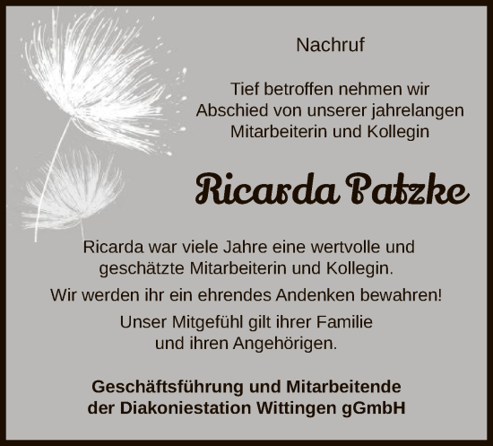 Todesanzeige von Ricarda Patzke von IK