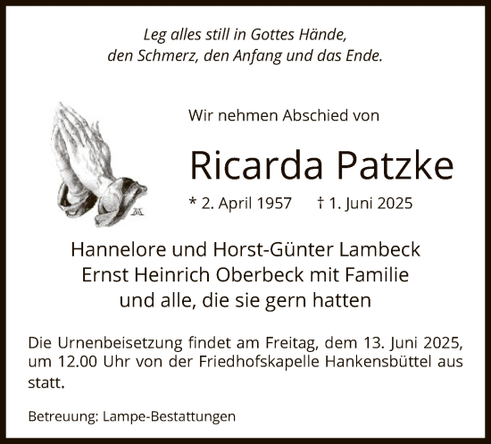 Todesanzeige von Ricarda Patzke von IK