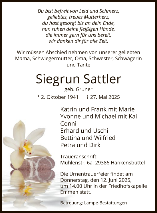 Todesanzeige von Siegrun Sattler von IK